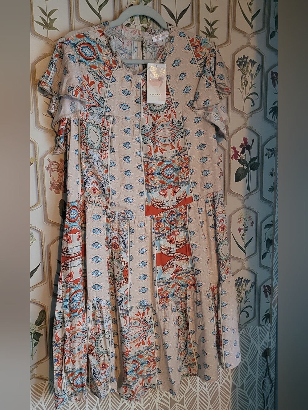Kirundo XL Patterned Pocked Midi Dress in Cream, Red and Blue